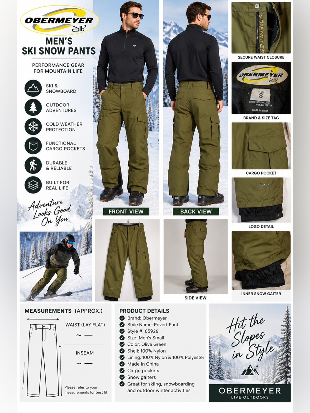Obermeyer Alt³ Revert Men’s Ski Snow Pants Small Olive Green Cargo Insulated
